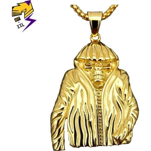 Hip Hop Coat Skull Pendant Necklaces for Men Gold Color Stainless Steel Necklace Long Chain Rock Roll Women Jewelry