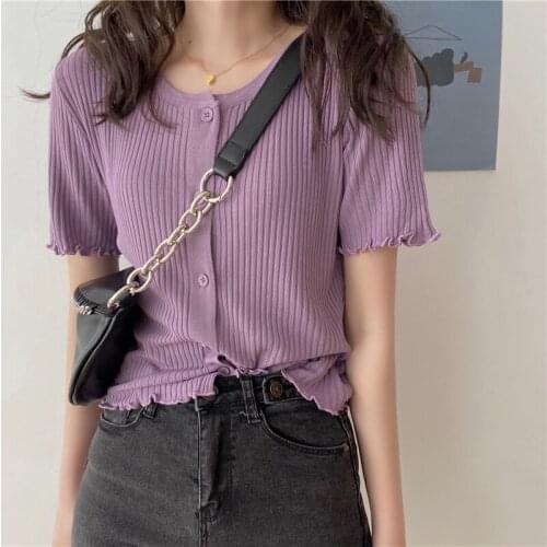 Womens Short-sleeved Knitted Ice Silk Cardigan T-shirt Thin Summer Elasticity Wooden Ears Short Top