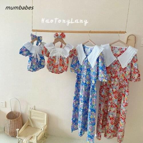 Summer Women Baby Romper Shirt Mommy and Me Dresses Twins Family Matching Outfits Cute Flower Khaki Outwear for Infant Baby