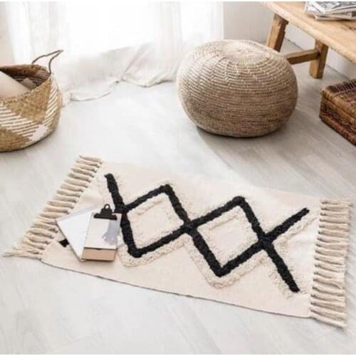 Morocco Woven Cotton Linen Carpet Black And White Carpet Bedside Carpet Tufted Tassel Throw Rug Washable Bath Mat Doormat Tapete
