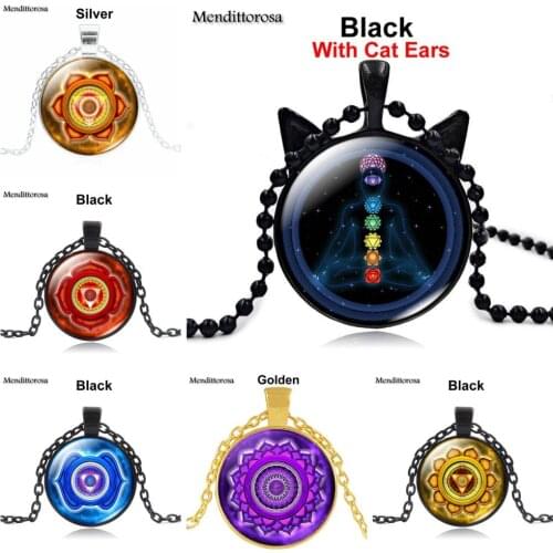 Mendittorosa Fashion Cabochon Pendant Necklace For Women Statement Round Glass Case Necklace Yoga Reiki Healing Spiritual