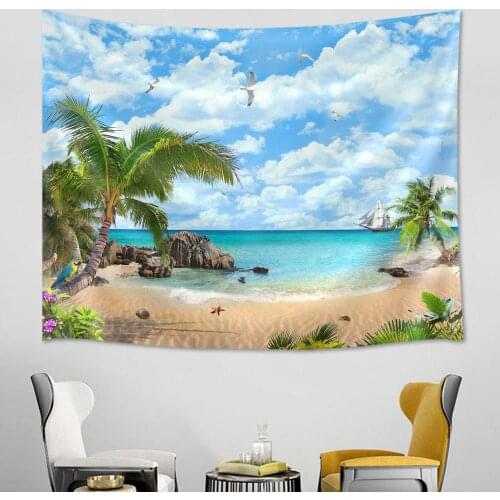 Sea Beach Landscape Tapestry Wall Hanging Wooden Boat Islands Tropical Plants Tapestry Wall Hanging Bedspread Beach Mat Towel