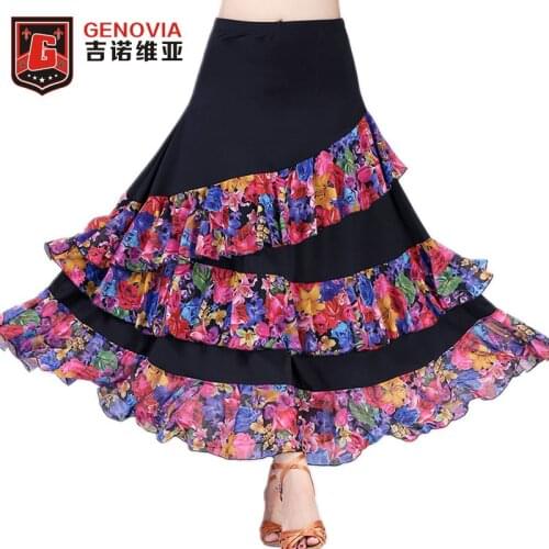 New Ballroom Flamenco Dance Waltz Costume Long Skirt Big Swing Floral Pattern Dress