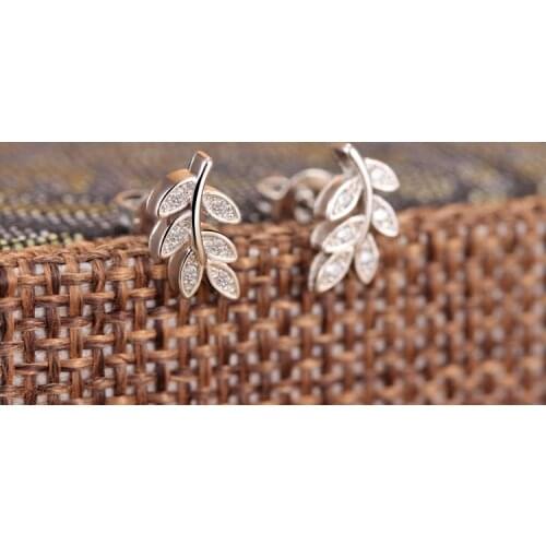 New Luxury Silver Color Leaf Rhinestone Studs Earrings Women Crystal Zircon Cute Romantic Bridal Wedding Jewelry Pendientes