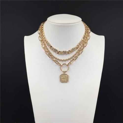 Chunky Gold Color Plating Rose Engraved Square Heart Layered Necklace For Women Girl Boho Casual Chic Sexy Lovely Jewelry Deco