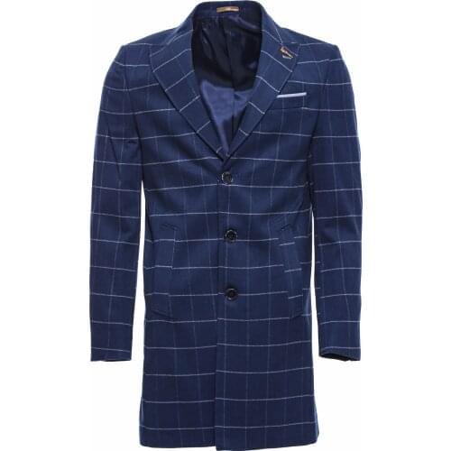 Wide Pointed Collar Indigo Plaid Coat