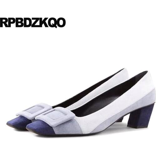 Thick casual chunky pink 2019 block heels shoes for women blue fashion designer medium female suede slip on square toe pumps