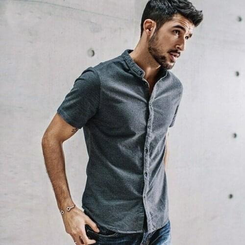 Summer Cotton Plain Shirt Men Dress Casual Slim Fit Short Sleeve For Male Blous