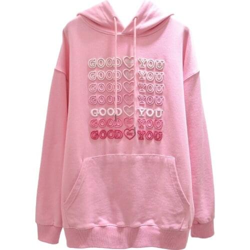Spring Autumn Thin Women Hoodie Embroidered Harajuku Colored Good For You Letters Girly Style Sweatshirt Pink Pullover Female