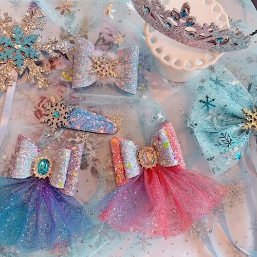 5pcs/lot Gradient Sequin Starry Snowflake Bow Hairpin Sweet kids Clip Barrette Headmade Girls Hair Clip Princess Crown Hairbands