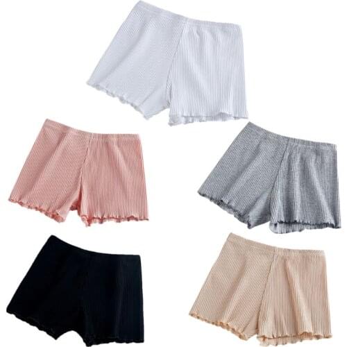 Ladies Women Summer Safety Pants Thread Ribbed Striped Seamless Stretchy Underpants Solid Color Ruffled Agaric Hem Boxer Shorts