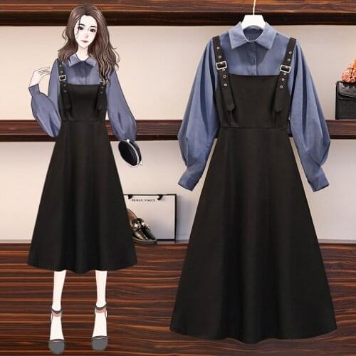 4XL Plus Size Chic Fashion Shirt+Strap Dress 2 Piece Set Korean Dress Kawaii Clothes Streetwear Jupe Femme 2021 Spring Ins
