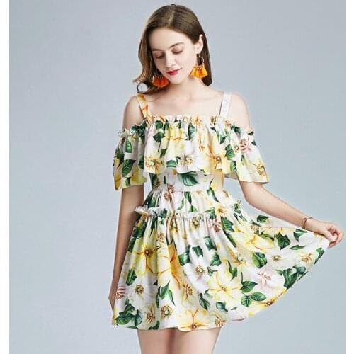 2021 New Summer Runway Midi Dress Womens Strapless Puff Sleeve Fashion Flower Print Ruffles Yellow Party Dress