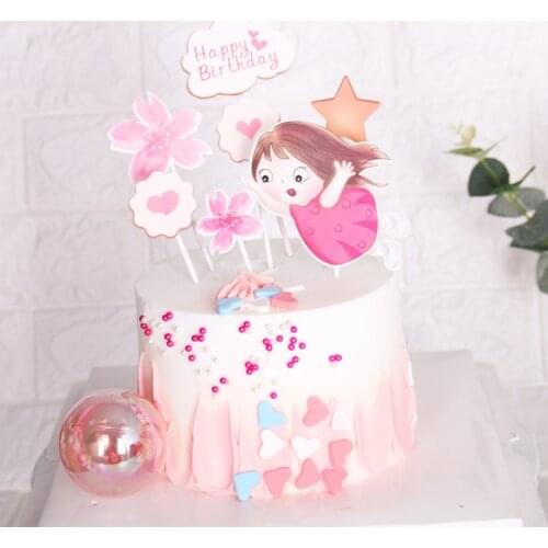 1 Set Pink Theme Party Decoration Happy Birthday Cake Topper Kids Girl Party Decorations Supplies Baby Shower Cake Toppers