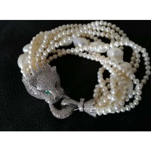 10rows freshwater pearl white near round baroque 3-5mm leopard clasp bracelet 8inch FPPJ wholesale beads nature