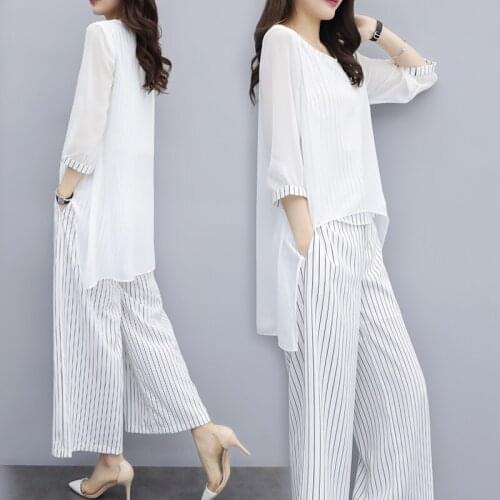 Asymmetrical Blouses And Wide Leg Pants Suits Elegant Korean Sets S-3xl Summer Chiffon 2 Two Piece Sets Outfits Women Plus Size