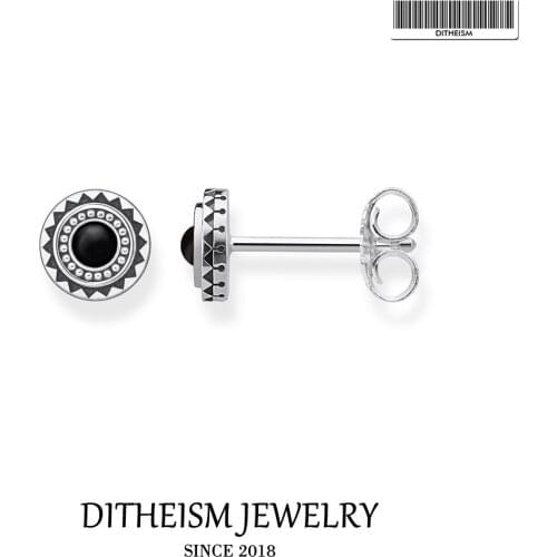 Black Round Sun Stud Earrings, 2018 New Stone Fashion Jewelry 925 Sterling Silver Trendy Gift For Women Men Lover