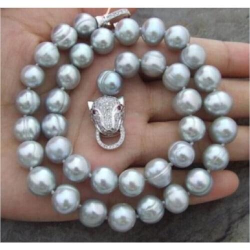 Leopard Clasp AAA 9-10MM NATURAL SOUTH SEA BAROQUE GRAY PEARL NECKLACE 18