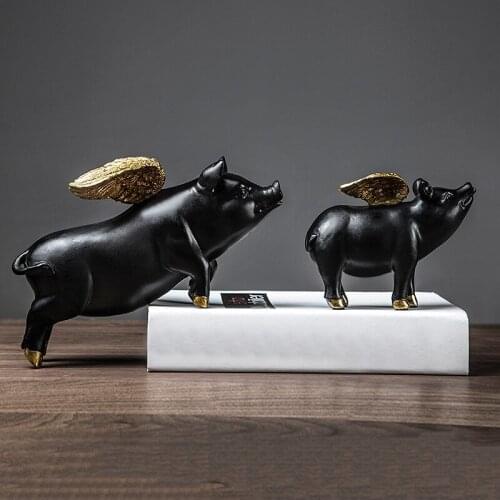 Winged Pig Statue Ornament Black Pig With Golden Wings Cute Resin Animal Decoration With Hanging Holes For Home Shelf Для Дома
