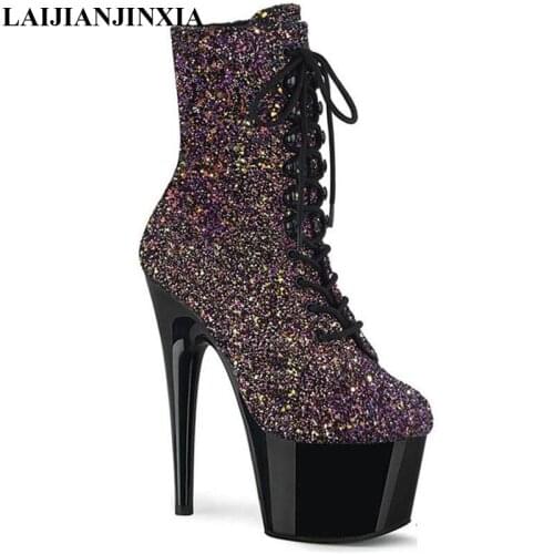 LAIJIANJINXIA New 15cm High Heels Women Shoes Round Head Sequined Vamp Ankle Boots Modern Boots Party Pole Dancing Boots