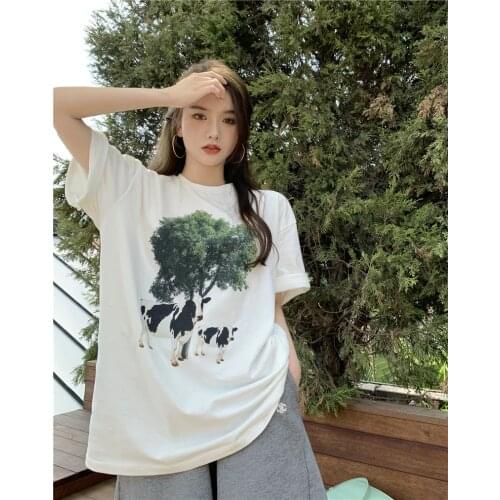 Summer new retro o neck cow print loose short-sleeved t-shirt