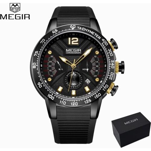 MEGIR 2019 New Fashion Watch Men Black Silicone Band Quartz Military Sport Watch Luxury Brand Wristwatch Mens relogios Gift Box