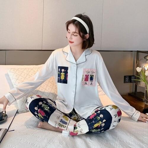 Fashion Womens Pajamas High Quality Long sleeve Pajamas Classic Ice silk Pajamas Home Wear Sets Loose Cartoons Cardigan Pajamas