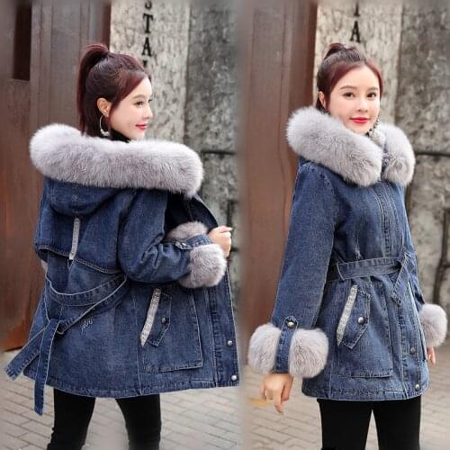 New Autumn Winter Women Coats Chest 120CM Plus Size Casual Loose Solid Fur Collar Thick MD-Long Jeans Cotton Coat Denim Outwear