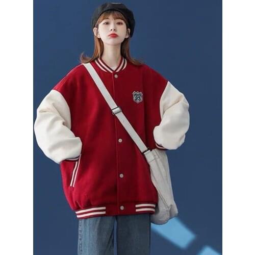 2021 Autumn Bomber Jacket Women Vintage Harajuku Red Streetwear Stripe Clothing Single Breasted Baseball Coat Casual Outwear
