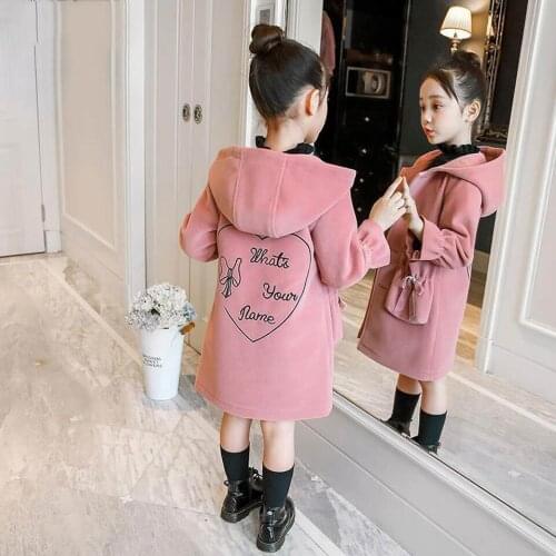 2020 Fall Winter Teenager Girls Woolen Coat Children Hooded Woolen Coat Kids Cartoon Print Outerwear Casual Clothes 4-14 Years
