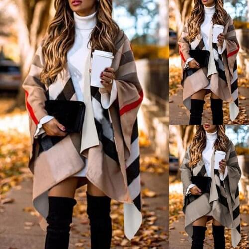 Autumn Winter Women Fashion Batwing Sleeve Coat Plaid Stripes Poncho Scarf Shawl