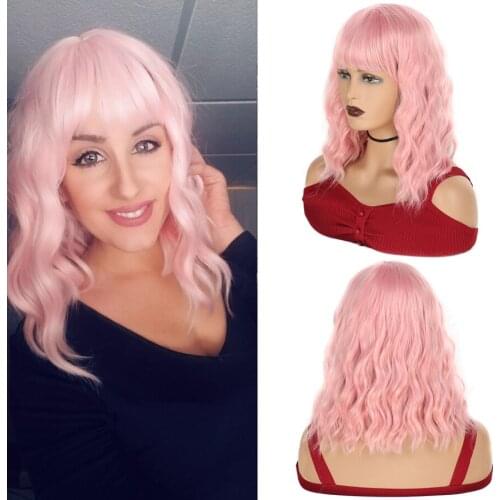 Pink Wigs for Women Synthetic Heat Resistant Short Loose Wave Wig with Bangs Blonde Natural Black Cosplay