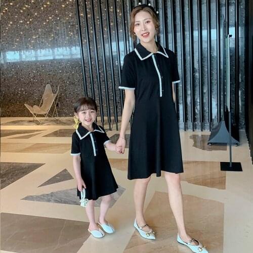 Mother Daughter Matching Dresses Parent-child Summer Mid-length POLO Shirt Dress 2021 New Mom Baby Casual Short-sleeved Dress