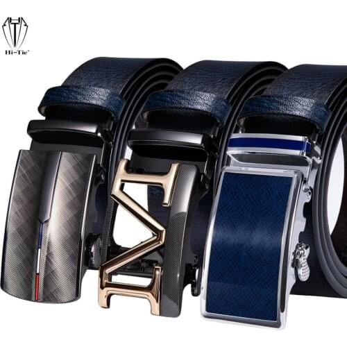 Luxury Dark Blue Navy Genuine Leather Mens Belts Automatic Buckles Male Waistband Ratchet Strap for Dress Jeans Wedding Business