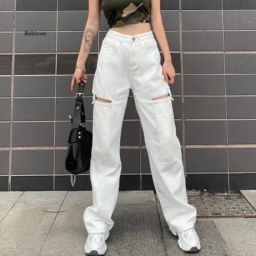 Ripped Straight Jeans Women Plus Size Vintage Boyfriend High Waist Mom Wide Leg Jeans Hollow Out Denim Pants Street