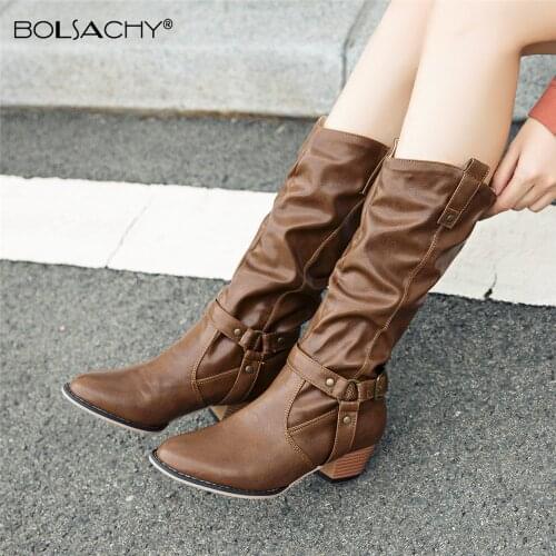 Women Leather Mid Calf Boots Casual Slip on Autumn Winter Wedge Long Boots Fashion Pleated Round Toe Buckle Black High Boots Fem