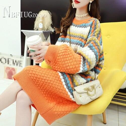 Colorful Knitting Warm Women Dress Round Neck Long Sleeve Female Dresses