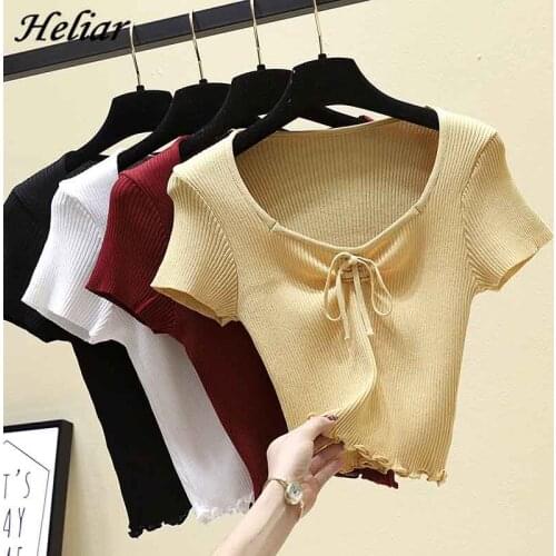 HELIAR Female Drawstring O-Neck T-shirt Summer Short Sleeve Cotton Casual Street Outwear Camiseta Feminina TEE For Women Tops