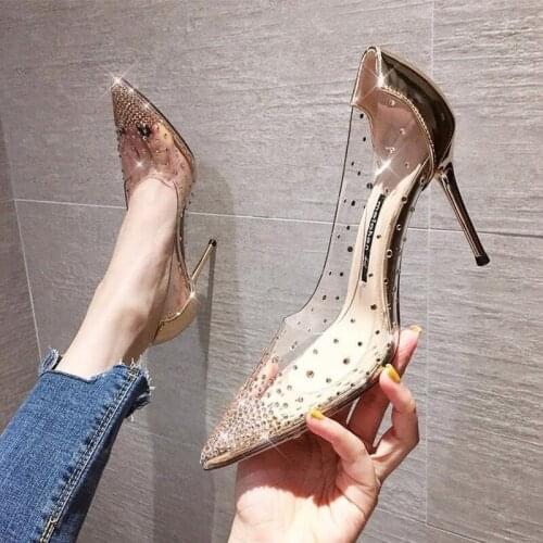 Transparent Rhinestone Surp High Heels for Women Sexy Point Toe Party Dress Shoes Women Pumps Patent Leather Stiletto Pumps