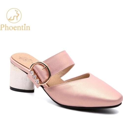 Phoentin pink women slippers with crystal buckle pu leather summer slippers plus size 45 shoes woman 2018 chunky heels 6cm FT415