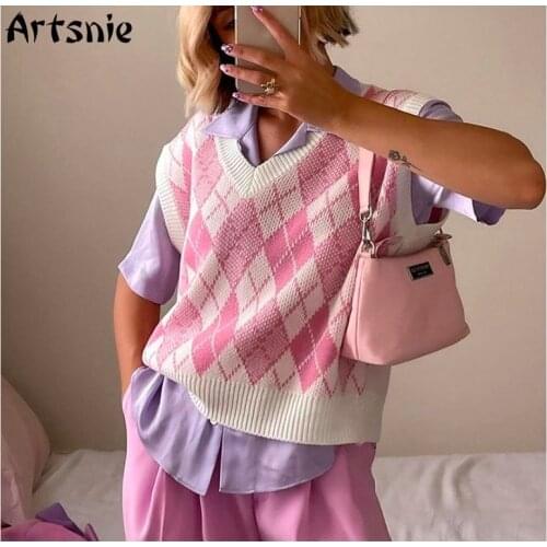 Artsnie Streetwear Pink Argyle Sweater Vest Women Autumn V Neck Sleeveless Pull Femme Vintage Knitted Ladies Sweaters Vest
