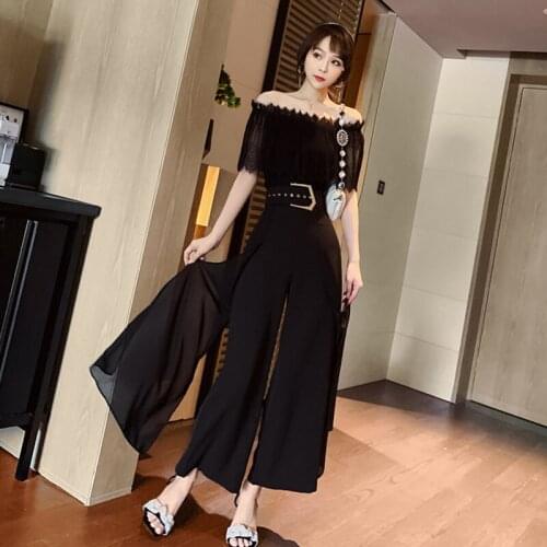 Korean Style Women Vintage Sexy Lace Off-Shoulder Short Sleeve Tops Shirt Blouse Sashes Loose Wide Leg Pants Female 2 Pieces Set