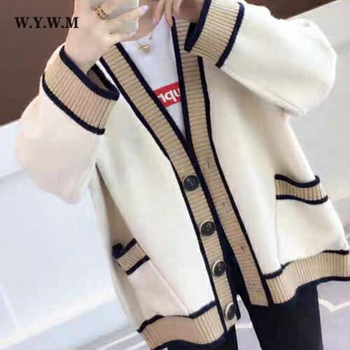 WYWM 2021 Winter Knitted Cardigan Women Korean Streetwear Loose Pocket Sweater Coat V Neck Long Sleeve Female Clothing