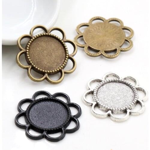 15pcs 14mm Inner Size Antique Bronze Silver Plated ,Black Flower Style Cabochon Base Cameo Setting Charms Pendant