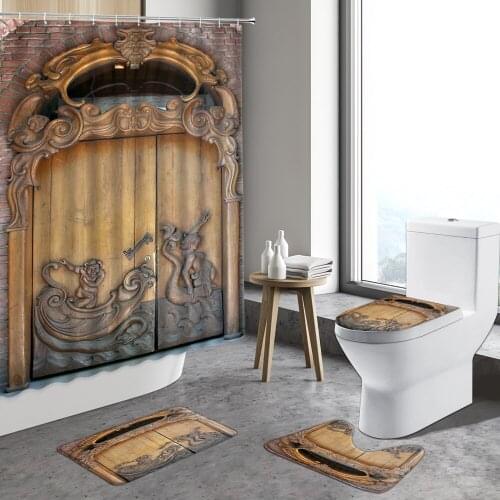 4pcs Vintage Old Wooden Door Shower Curtain Farmhouse Striped Wood Board Anti-Slip Rugs Bathroom Carpet Toilet Cover Bath Mats