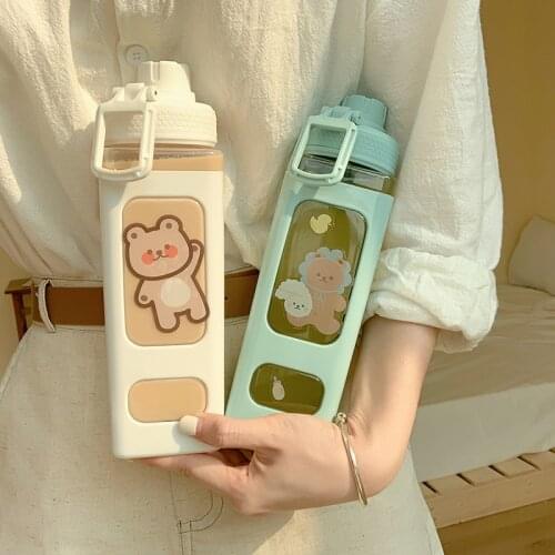 900ml Kawaii Bear Water Bottle With Straw Sport Plastic Portable Square Drinking Bottle For Girl Cute Juice Tea Water Cups