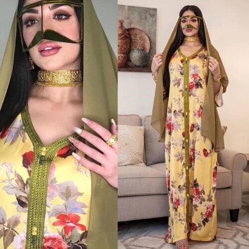 AB077 Dropshipping Elegant Plus Size Dress Yellow Floral Abaya 2021 Woman Muslim Female Jalabiya Arabic Clothes World Apparel
