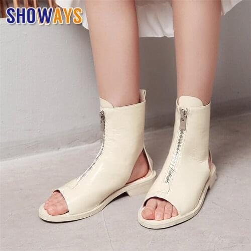 Summer Women Gladiator Ankle Boots Low Block Heels Beige Black Patent Leather Sexy Casual Party Peep Toe Zipper Lady Short Boots