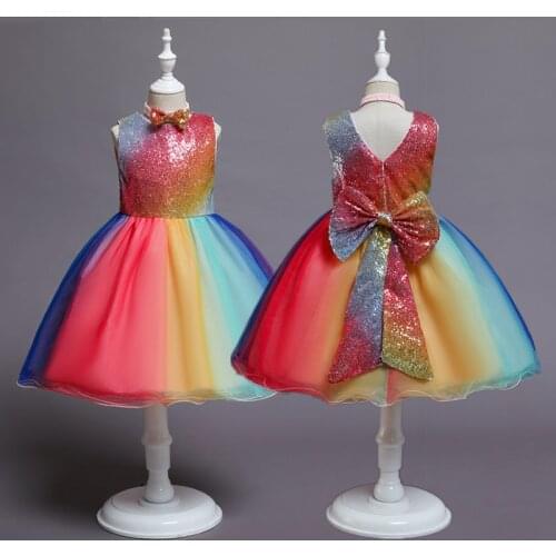 Colorful Girls Birthday Costume Rainbow Color Girls Party Dress Summer Sleeveless Big Bowknot Girl Princess Prom Evening Gown