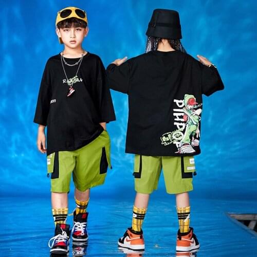 Kid Summer Hip Hop Clothing Black Graphic Tee Long Oversized T Shirt Top Running Shorts for Girl Boy Dance Costume Clothes Wear